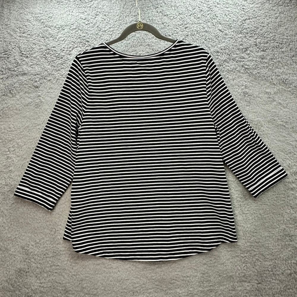 Chico's Size 2 Top Black White Striped Embroidered Floral Design Joie De Vivre - Picture 2 of 10
